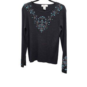 Kikit Maurice Sasson Black Sweater Blue & Silver Bead Embellishments Size L
